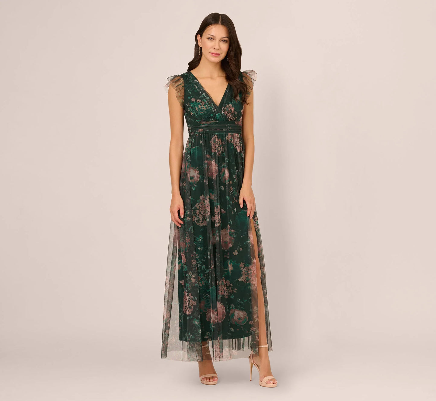 Flutter Sleeve Floral Tulle Maxi Dress In Hunter Multi