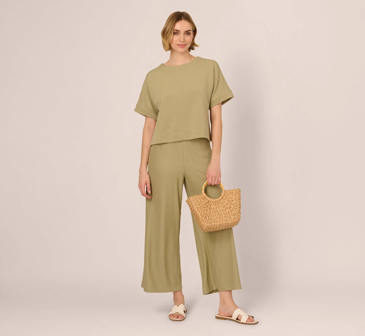 Wide Leg Rib Knit Pants In Dusty Sage Green