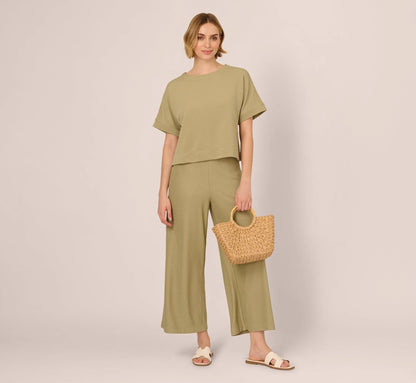 Wide Leg Rib Knit Pants In Dusty Sage Green