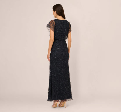 Short Sleeve Beaded Floral Embroidery Gown In Midnight Multi