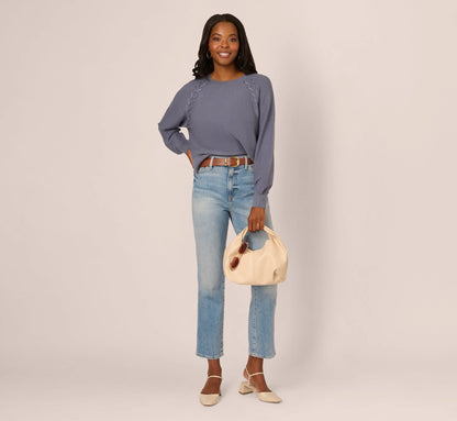 Long Sleeve Laced Raglan Sweater In Dusty Blue