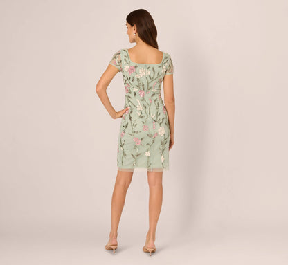 Short Sleeve Floral Beaded Square Neck Cocktail Dress In Icy Sage