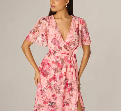 Flutter Sleeve Floral Print Embroidered Wrap Maxi Dress In Blush Multi