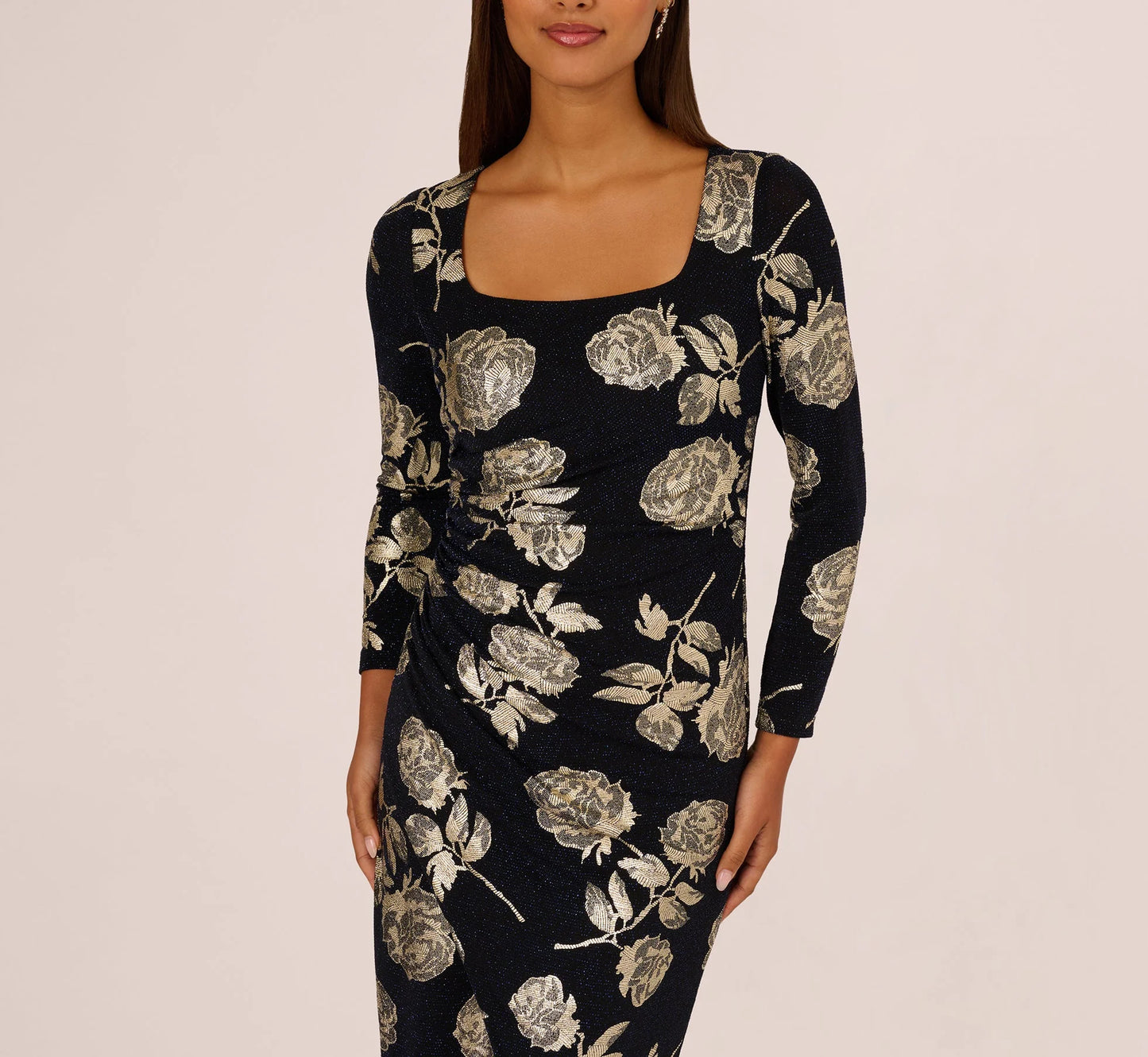 Long Sleeve Stretch Metallic Rose Floral Midi Dress In Navy Gold