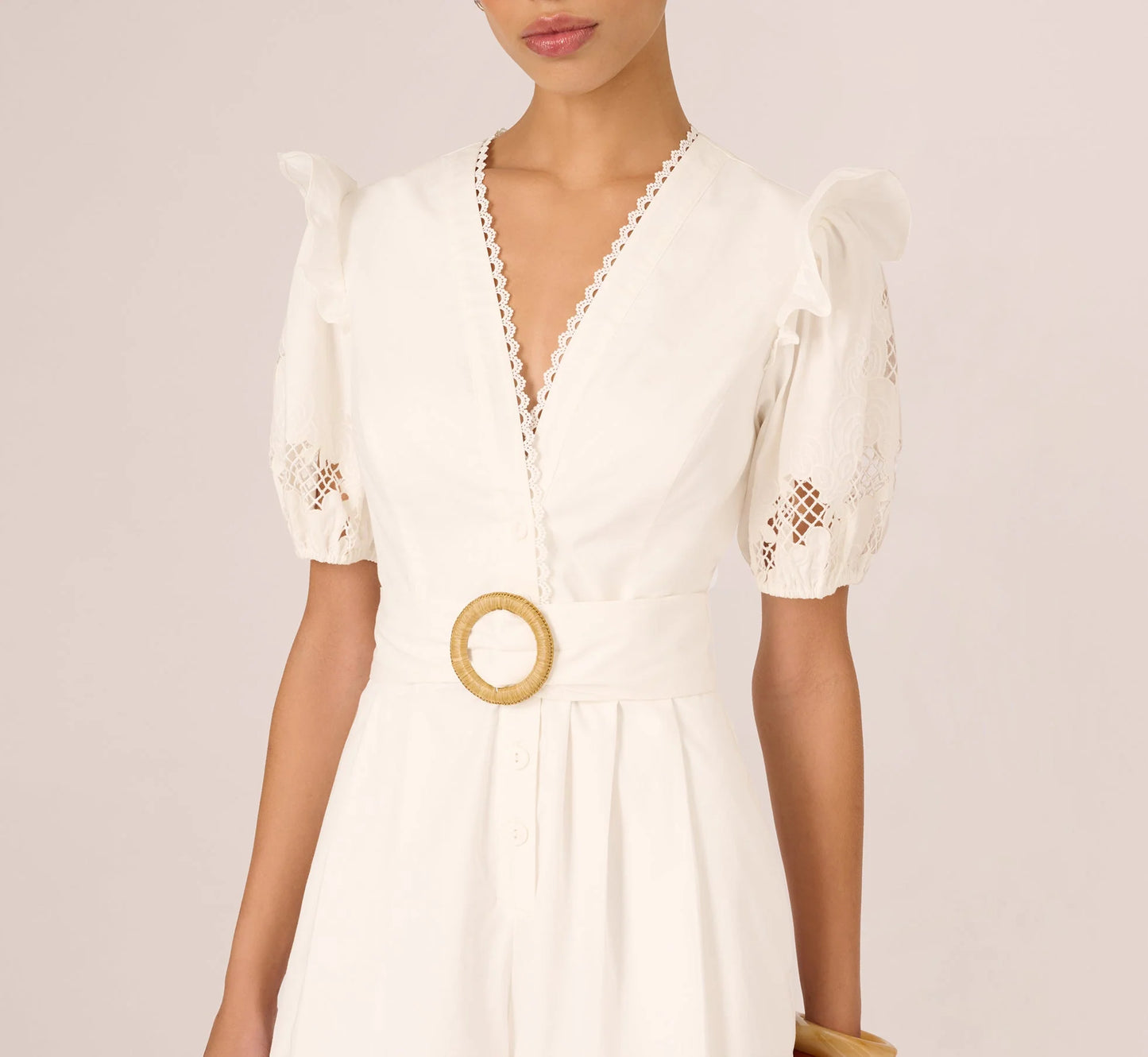 Puff Sleeve Cotton Lace Romper In Ivory