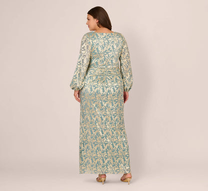 Plus Size Long Sleeve Metallic Crinkle Drape Gown In Mint Gold