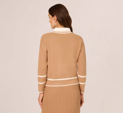 Long Sleeve Drop Shoulder Twofer Sweater In Golden Camel Ivory