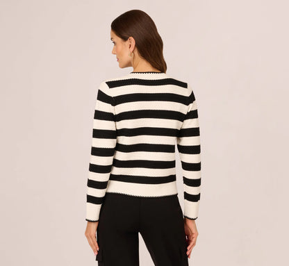 Textured Knit Blanket Stitch Cardigan Sweater In Ivory Black