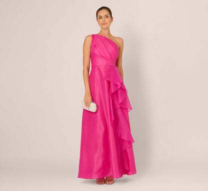 One Shoulder Tulle Cascade Gown In Lipstick