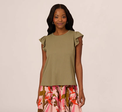 Flutter Sleeve Rib Knit Top In Army Green