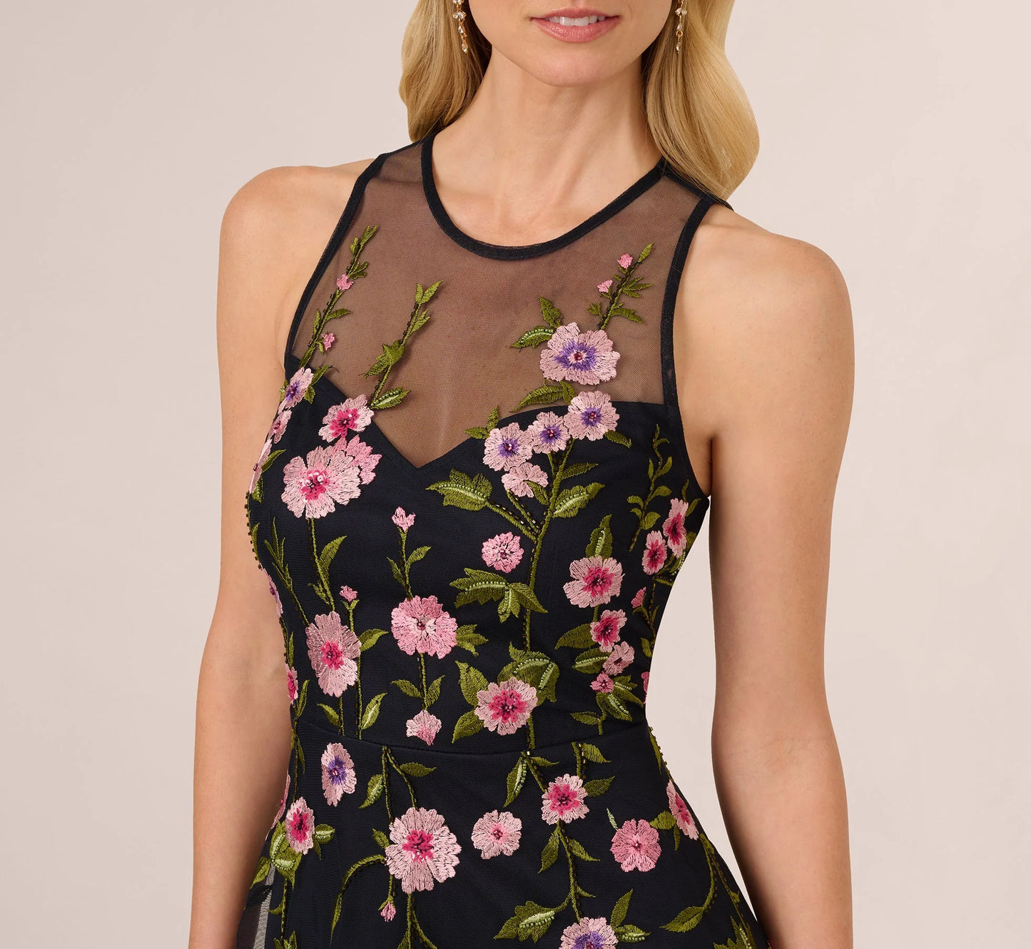 Floral Embroidered Illusion Midi Dress In Midnight Multi