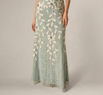 Lace Soutache Embroidery Halter Gown In Sage Ivory