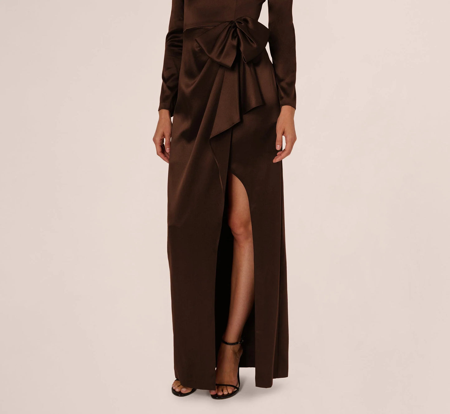 Long Sleeve Satin Bow Gown In Chocolate