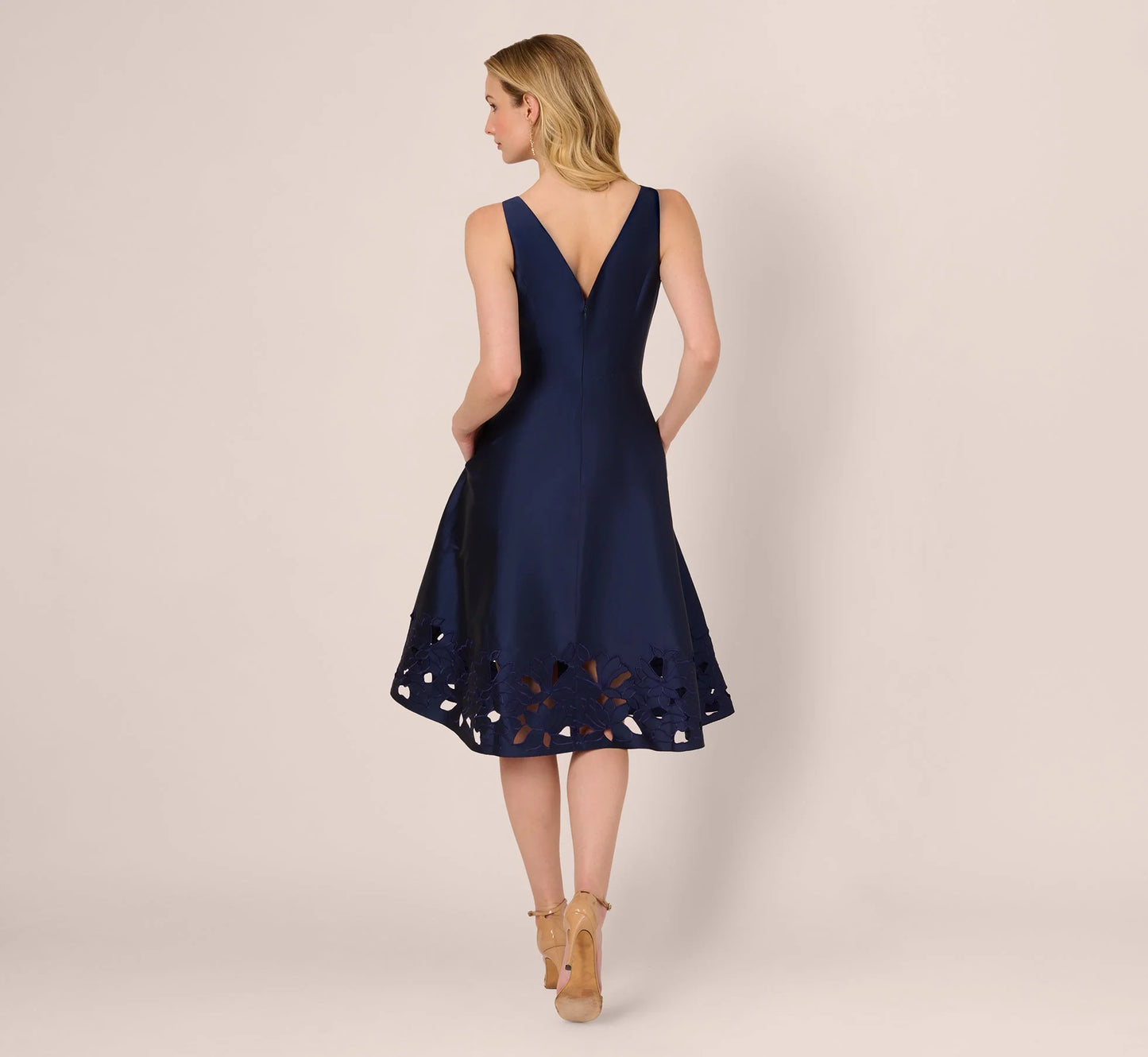 Sleeveless Taffeta Floral Cutwork Midi Dress In Light Navy