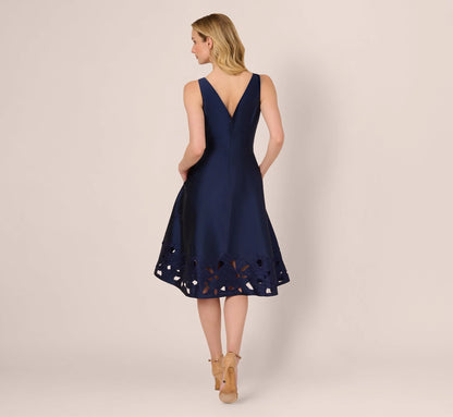 Sleeveless Taffeta Floral Cutwork Midi Dress In Light Navy