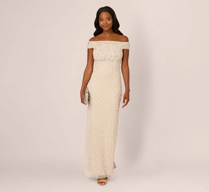 Off Shoulder Pearly Beaded Column Gown In Ivory Nude