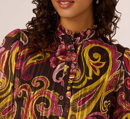Long Sleeve Paisley Chiffon Trapeze Dress In Brown Multi