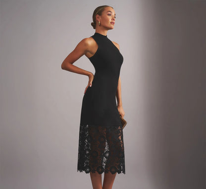 Sleeveless Lace Hem Midi Sheath Dress In Black