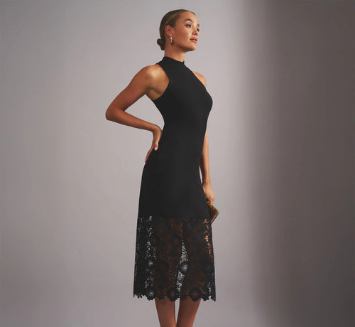 Sleeveless Lace Hem Midi Sheath Dress In Black