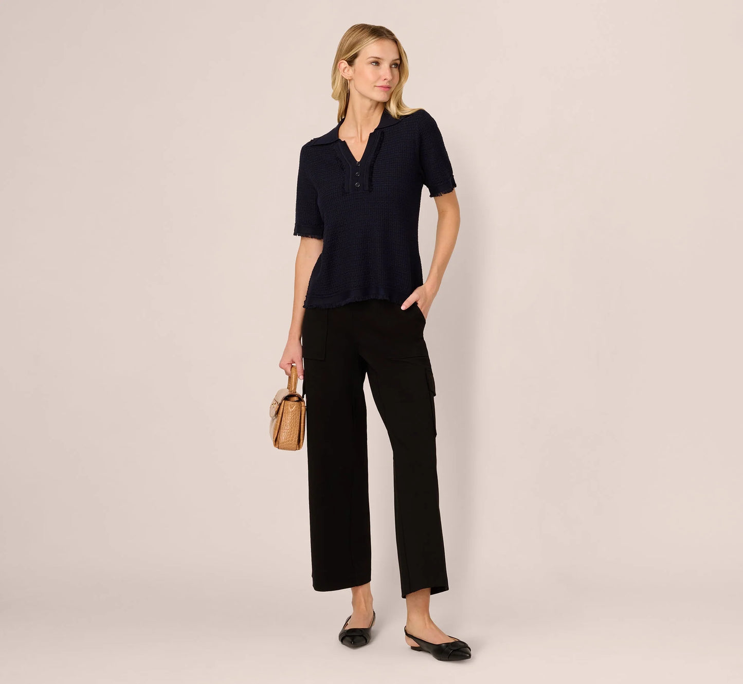Short Sleeve Waffle Weave Polo Shirt In Navy