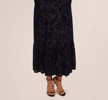 Long Sleeve Floral Velvet Burnout Midi Dress In Light Navy