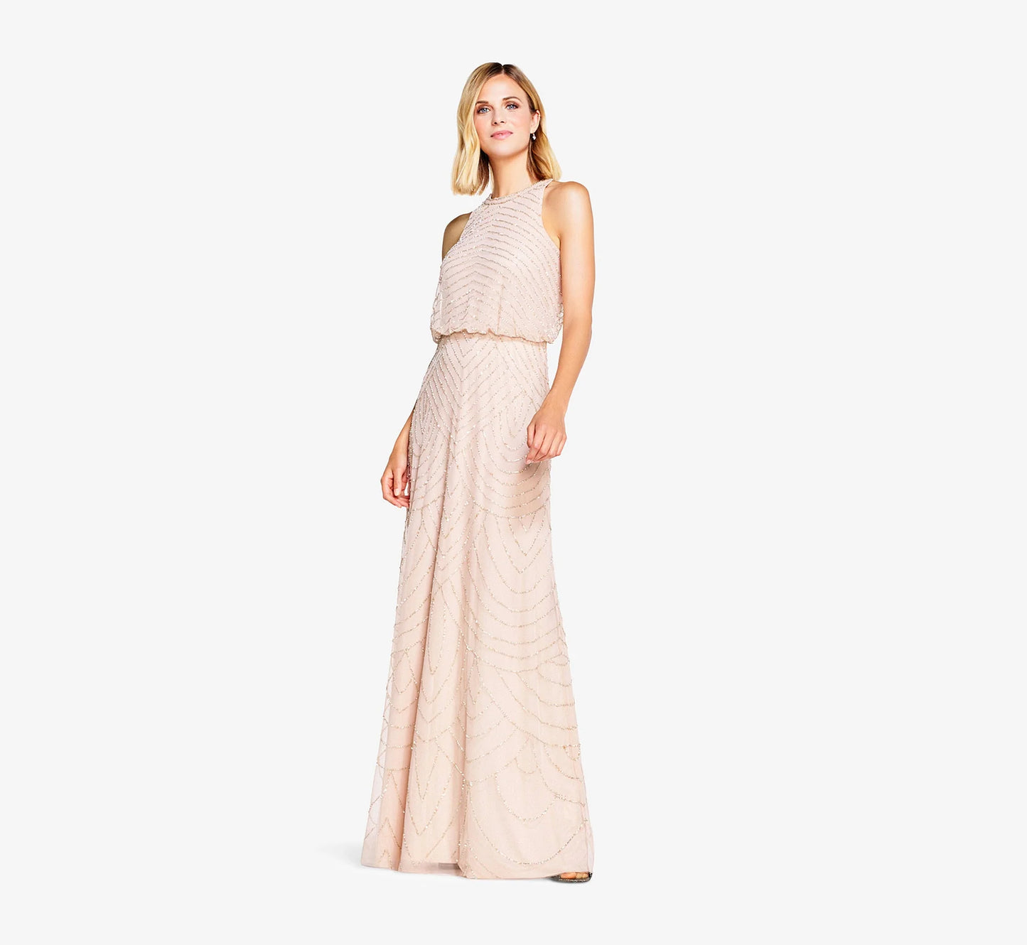 Art Deco Beaded Blouson Dress With Halter Neckline In Blush