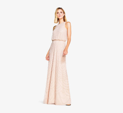 Art Deco Beaded Blouson Dress With Halter Neckline In Blush