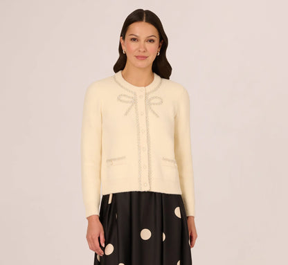 Pearly Bow Cardigan Sweater In Cream