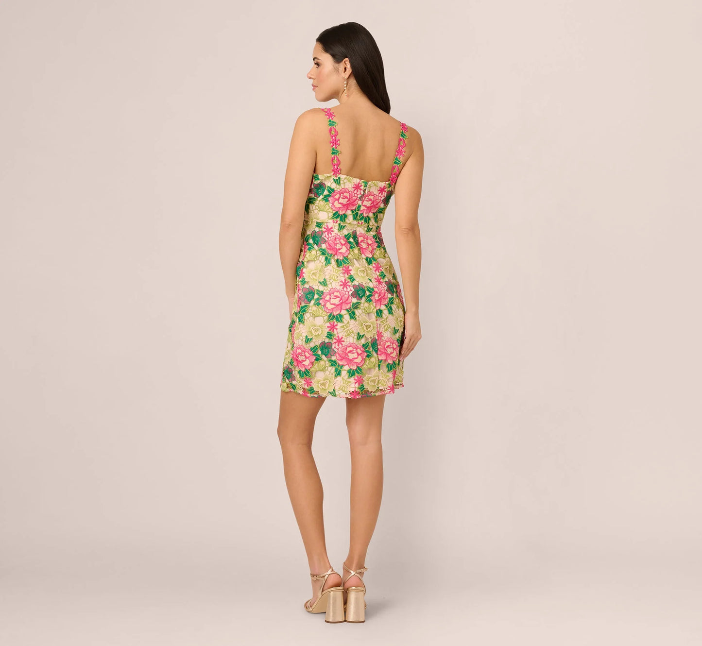 Sleeveless Floral Embroidery Short Sheath Dress In Pink Green Multi