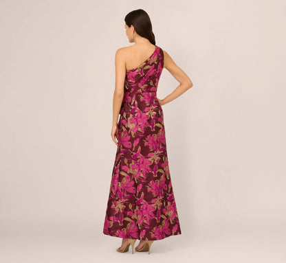 One Shoulder Jacquard Dress In Burgundy Gold