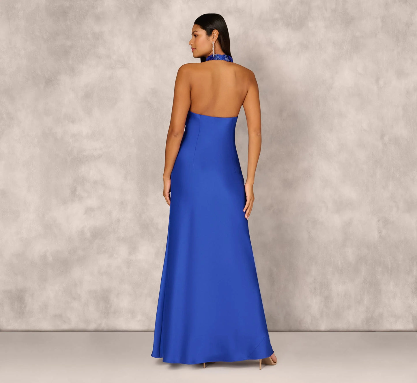 Satin Floral Beaded Halter Mermaid Gown In Deep Sapphire