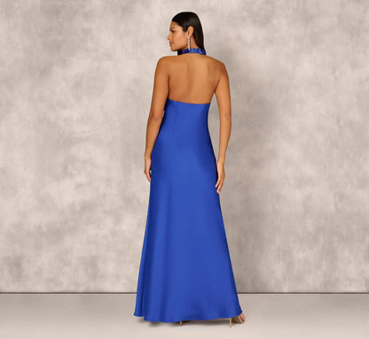 Satin Floral Beaded Halter Mermaid Gown In Deep Sapphire