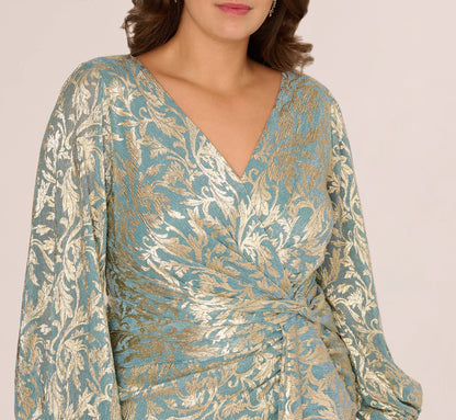 Plus Size Long Sleeve Metallic Crinkle Drape Gown In Mint Gold