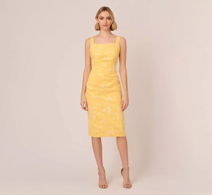 Hibiscus Jacquard Sheath Dress With Tucked Details In Sun