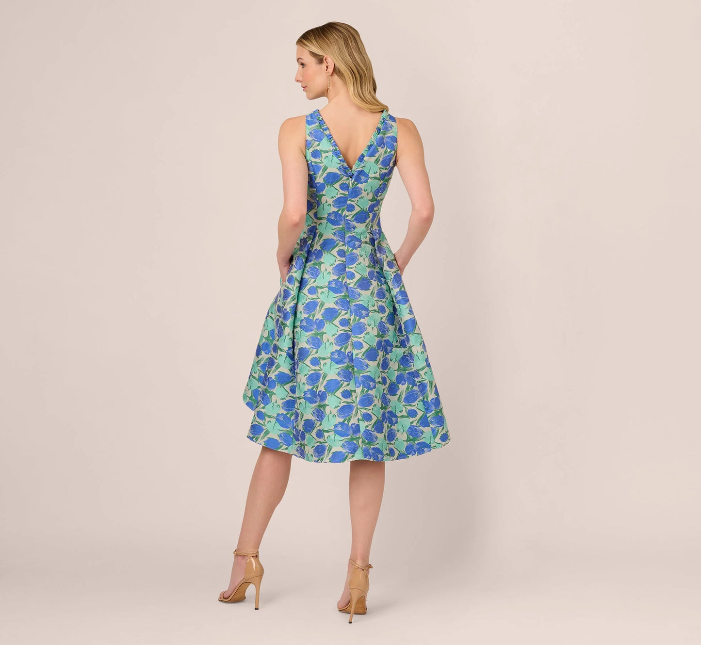 Sleeveless Tulip Jacquard Fit And Flare Midi Dress In Blue Green Multi