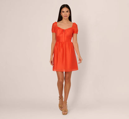 Shirred Fit And Flare Dress With Puff Short Sleeves In Orange Spice