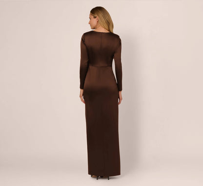 Long Sleeve Satin Bow Gown In Chocolate