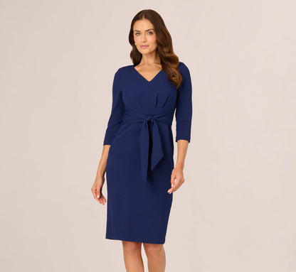 Three Quarter Sleeve Pleated Midi Dress With Tie Waist In Navy Sateen