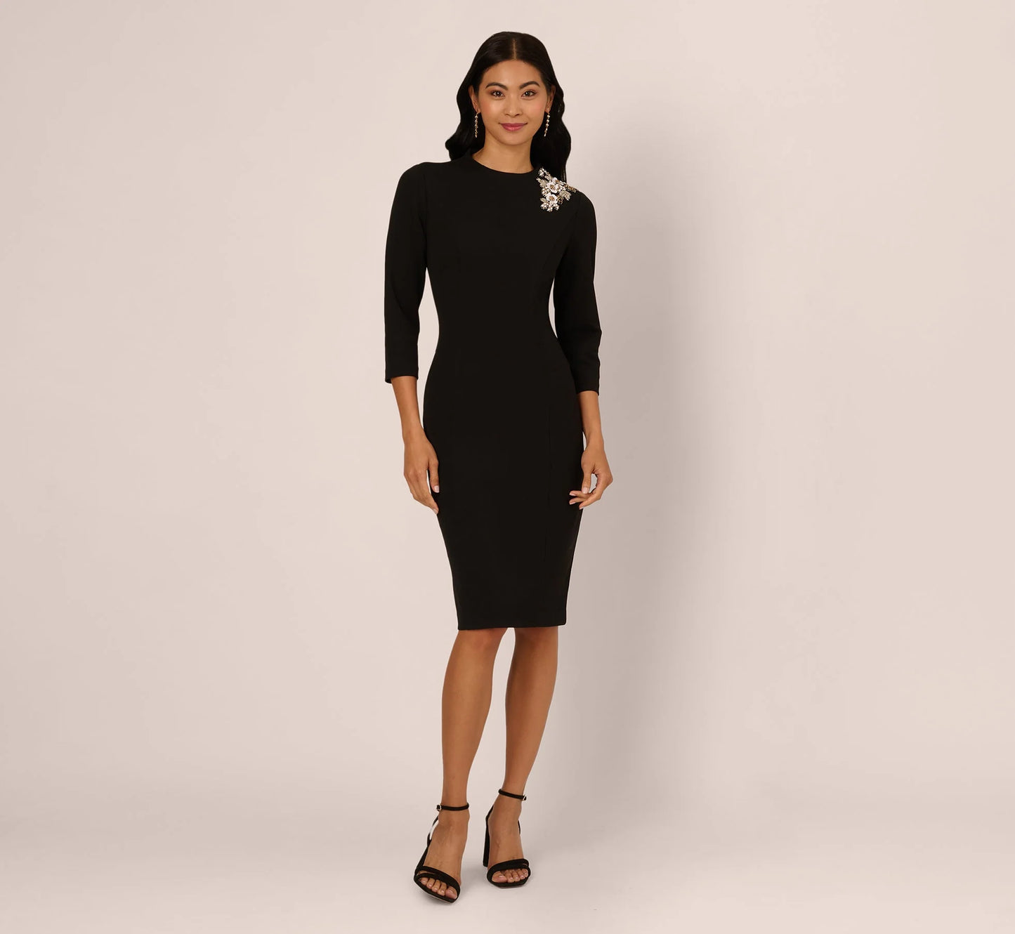 Three Quarter Sleeve Floral Applique Sheath Dress In Black