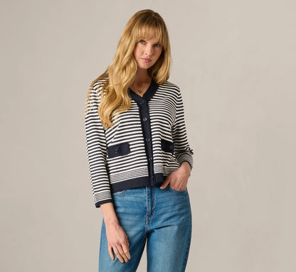 Fringe Trim Cardigan Sweater In Navy Ivory