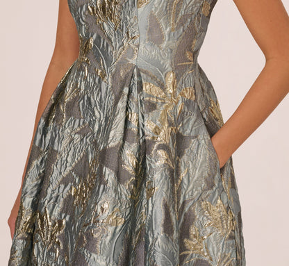 Tea Length Jacquard Dress With Sleeveless Bodic In Slate