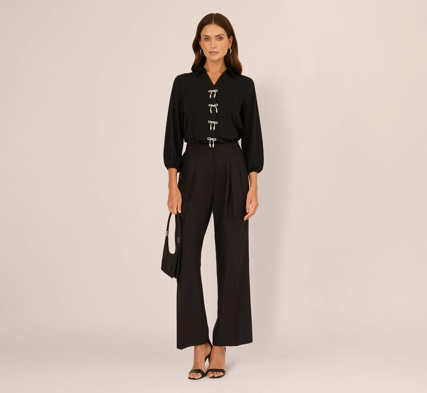 Three Quarter Sleeve Pearly Bow Blouse In Black