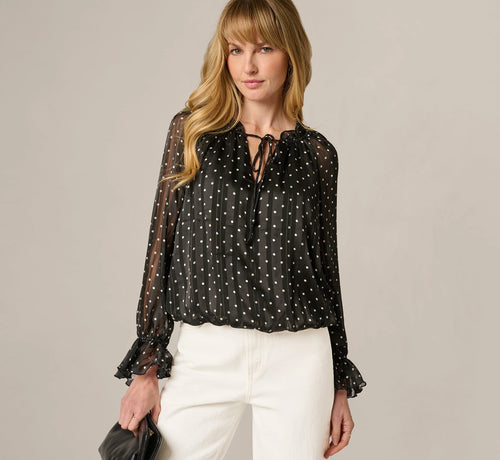 Long Sleeve Chiffon Ruffle Blouse In Black Cream Dot