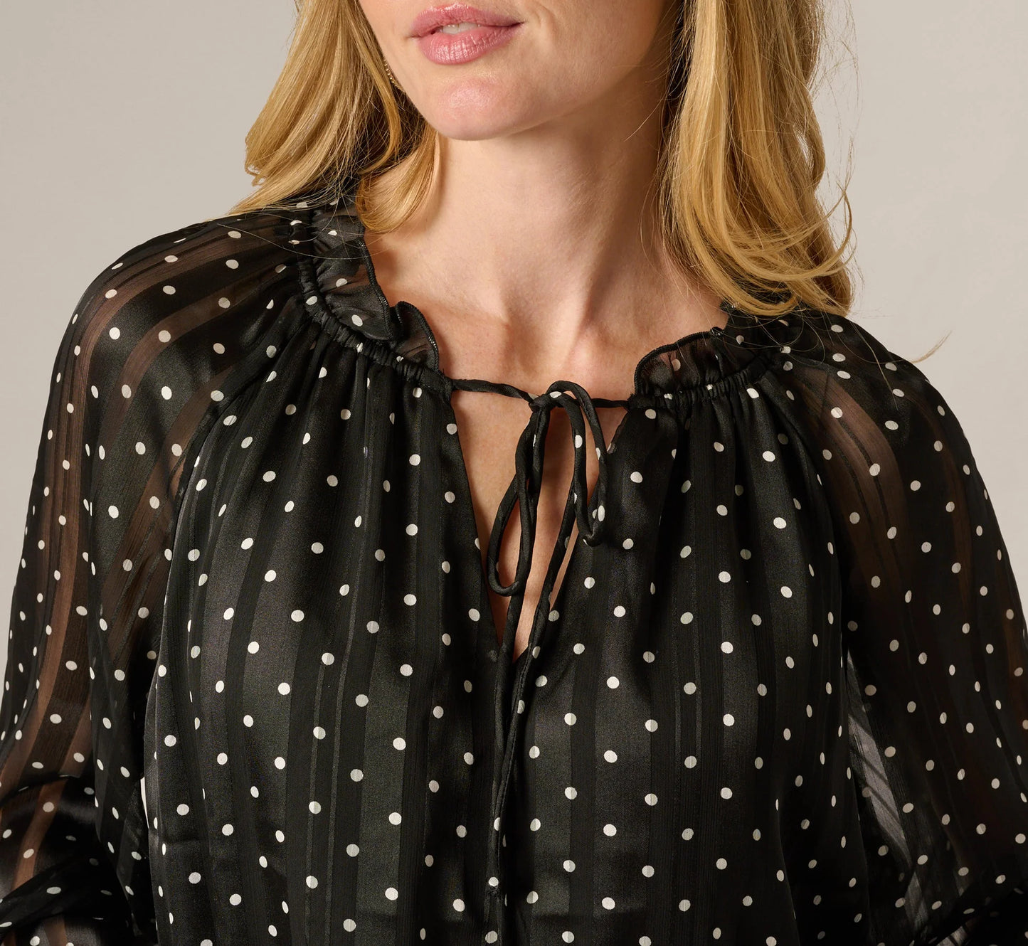 Long Sleeve Chiffon Ruffle Blouse In Black Cream Dot