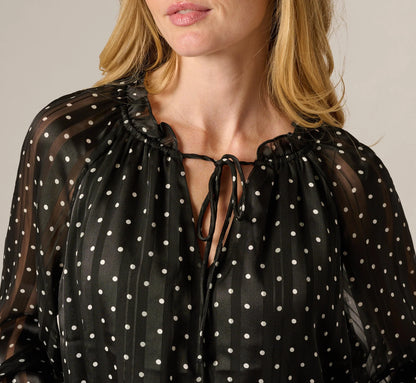 Long Sleeve Chiffon Ruffle Blouse In Black Cream Dot