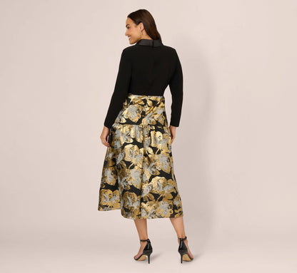 Plus Size Combo Floral Jacquard Dress In Black Gold