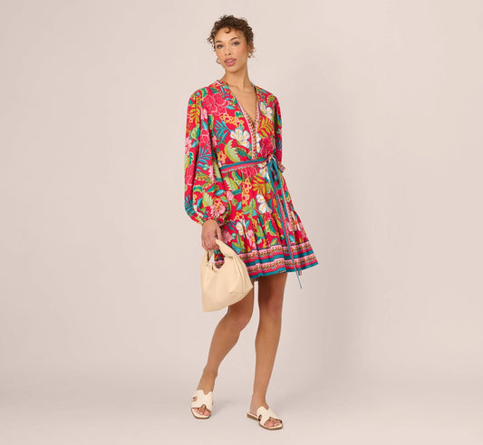 Bishop Sleeve Tropical Floral Short Dress In Red Multi