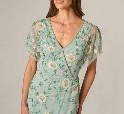 Flutter Sleeve Beaded Wrap Dress In Aqua Dust