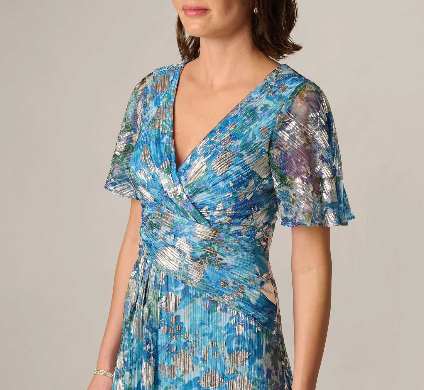 Flutter Sleeve Crinkle Foil Floral Gown In Blue Multi