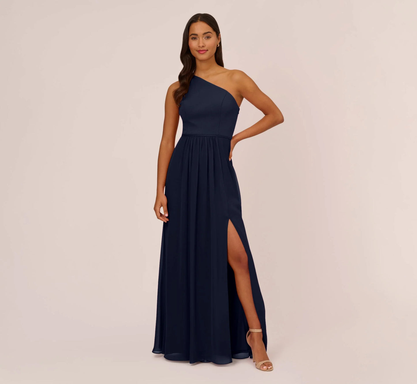 One Shoulder Chiffon Long Gown In Midnight